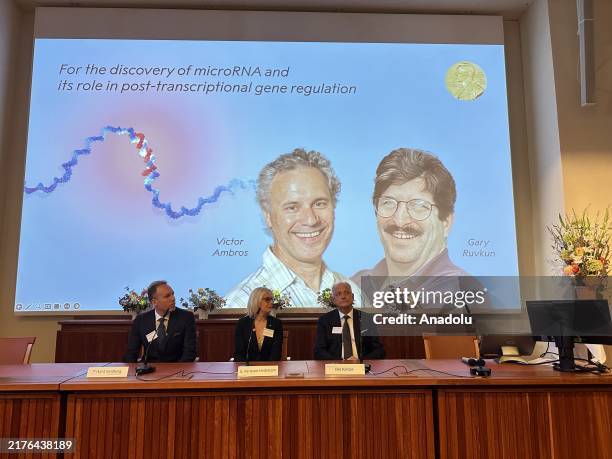 Nobel Committee announces the winners of the 2024 Nobel Prize in Physiology or Medicine during a press conference at the Karolinska Institute in...