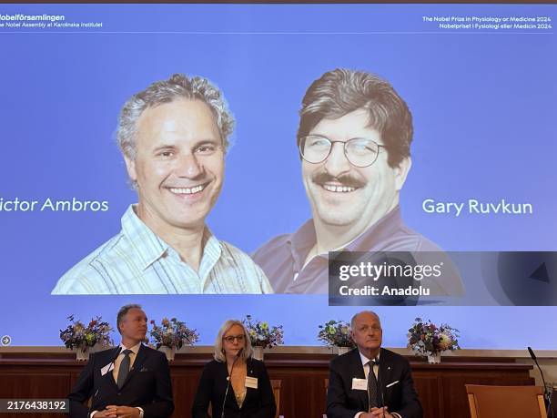 Nobel Committee announces the winners of the 2024 Nobel Prize in Physiology or Medicine during a press conference at the Karolinska Institute in...
