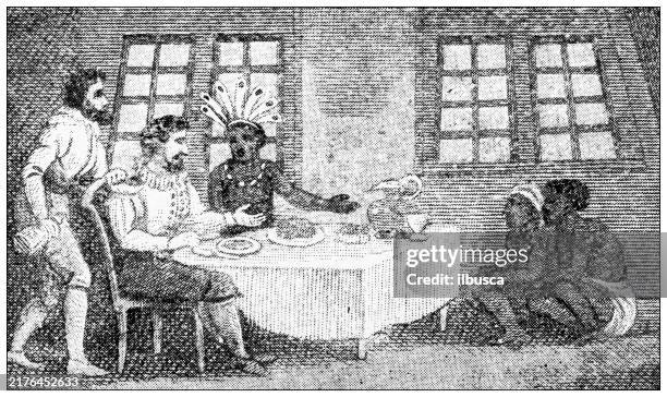 ilustraciones, imágenes clip art, dibujos animados e iconos de stock de imagen antigua: colón entretiene a los nativos - christopher columbus natives