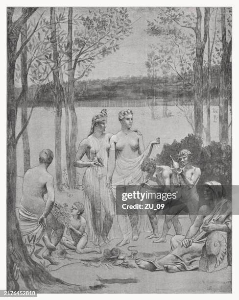 detail of the grand amphitheatre by chavannes, halftone print, 1891 - pierre puvis de chavannes stock illustrations