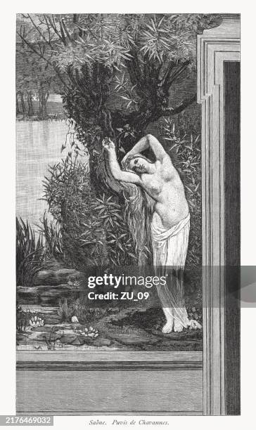 saône, painted by chavannes, wood engraving, published in 1891 - pierre puvis de chavannes stock illustrations