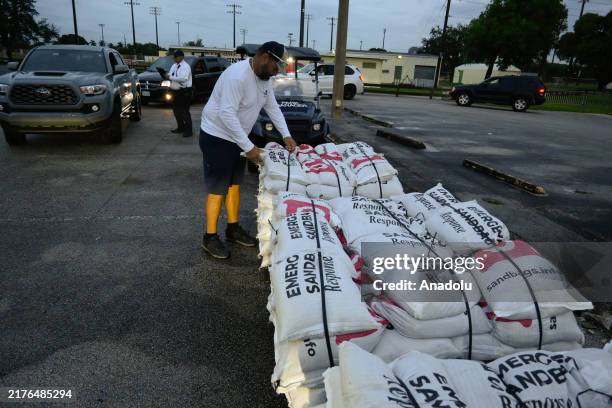 Miami County officials distribute sandbags as part of the Hurricane Milton's storm surge precautions on October 07 in Miami, Florida, United States.
