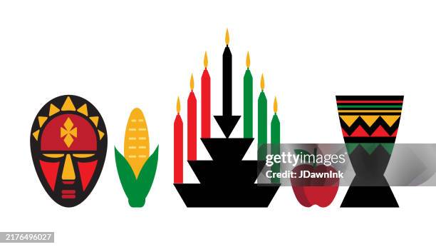 happy kwanzaa candles, fruits, djembe, african tribal mask, corn and mishumaa saba on white background - kwanzaa stock illustrations