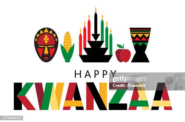 happy kwanzaa gruß designvorlage geometrisch mit kerzen, früchten, djembe, afrikanische stammesmaske, mais auf weißem hintergrund - musikzubehör stock-grafiken, -clipart, -cartoons und -symbole
