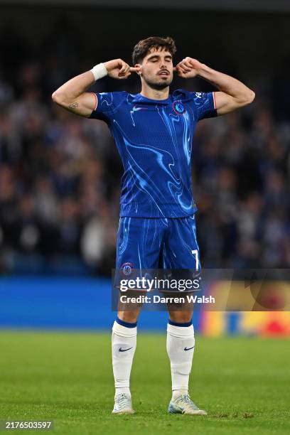 Pedro Neto of Chelsea celebrates scoring his team's second goal during the UEFA Conference League 2024/25 League Phase MD1 match between Chelsea FC...