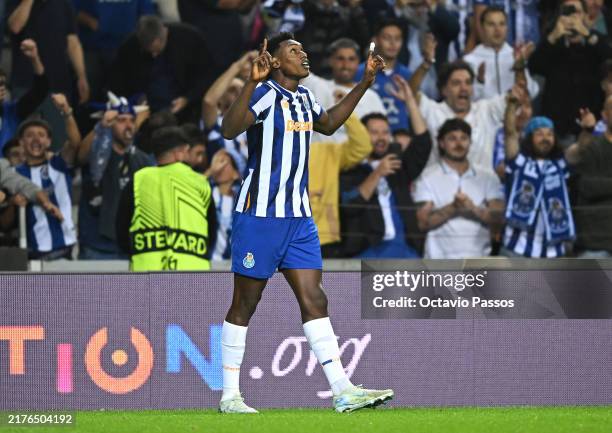 Samu of FC Porto celebrates scoring his team's third goal during the UEFA Europa League 2024/25 League Phase MD2 match between FC Porto and...