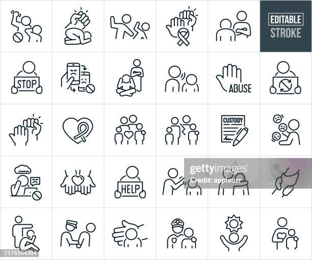 illustrazioni stock, clip art, cartoni animati e icone di tendenza di icone a linea sottile per la prevenzione degli abusi sui minori - tratto modificabile - violenza