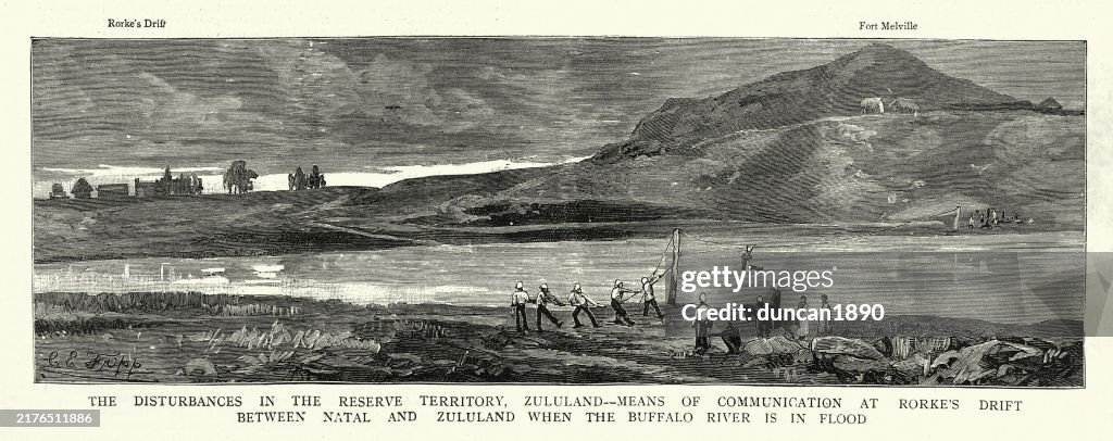 History of British Empire, Rorke's Drift and the Buffalo river in flood, 1885, 19th Century, Vintage illustration