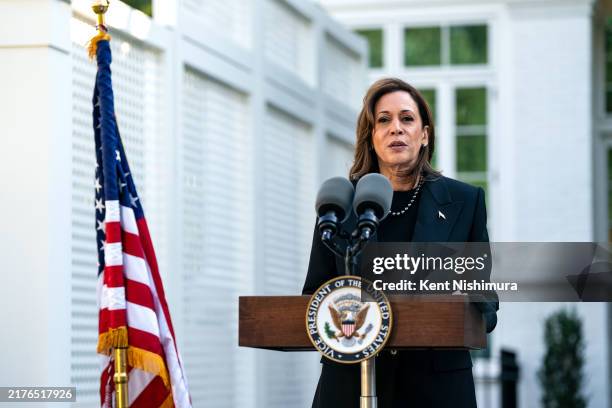 Vice President Kamala Harris speaks before planting a pomegranate tree at the Vice President's residence at the U.S. Naval Observatory on October 7,...