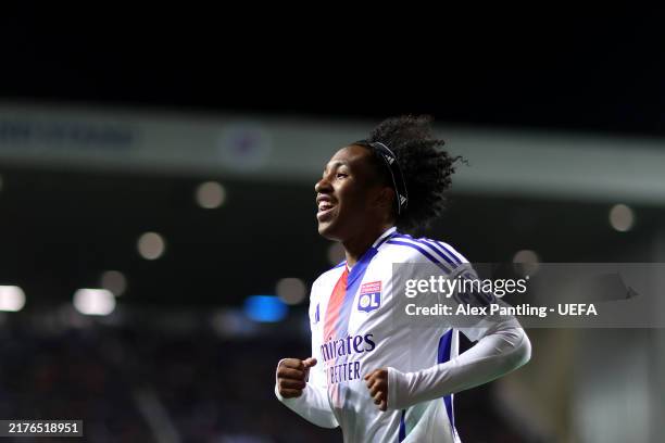 Malick Fofana of Olympique Lyonnais celebrates scoring his team's fourth goal during the UEFA Europa League 2024/25 League Phase MD2 match between...