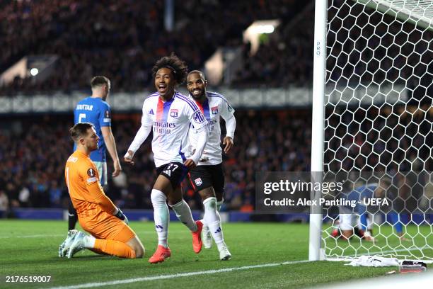 Malick Fofana of Olympique Lyonnais celebrates scoring his team's fourth goal during the UEFA Europa League 2024/25 League Phase MD2 match between...