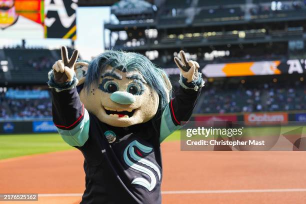 Seattle Kraken mascot Buoy is seen before a game between the Oakland Athletics and the Seattle Mariners at T-Mobile Park on September 29, 2024 in...