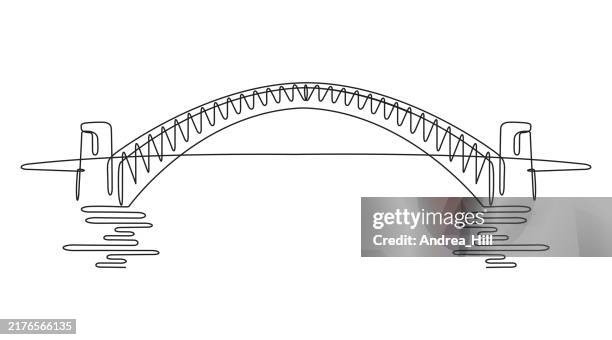 stockillustraties, clipart, cartoons en iconen met sydney harbour bridge. continuous line drawing with color elements, editable stroke and copy space - brug mens gemaakte bouwwerken