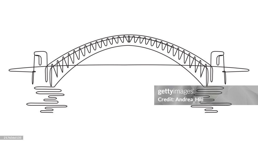 Sydney Harbour Bridge. Continuous Line Drawing with Color Elements, Editable Stroke and Copy Space