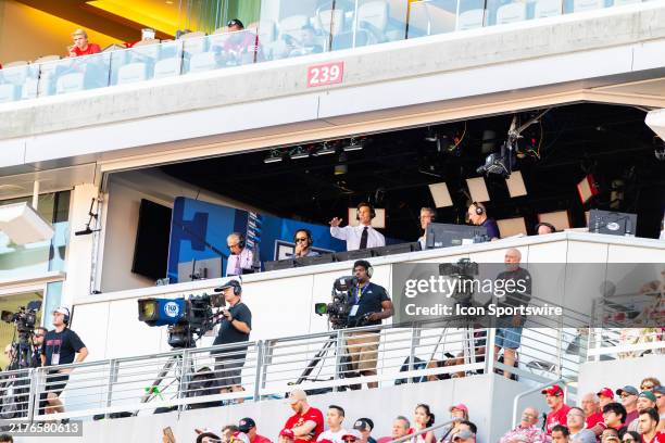Fox color commentator Tom Brady looks onto the field during the NFL game between the Arizona Cardinals and the San Francisco 49ers on October 6, 2024...