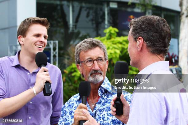 Jake Humphrey BBC Television Presenter, Eddie Jordan BBC Television Pundit and David Coulthard Red Bull Racing and Scuderia Toro Advisor / BBC...