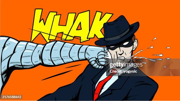 vector pop art a bandit being punched in the face by a steel hand superhero stock illustration - punching stock illustrations