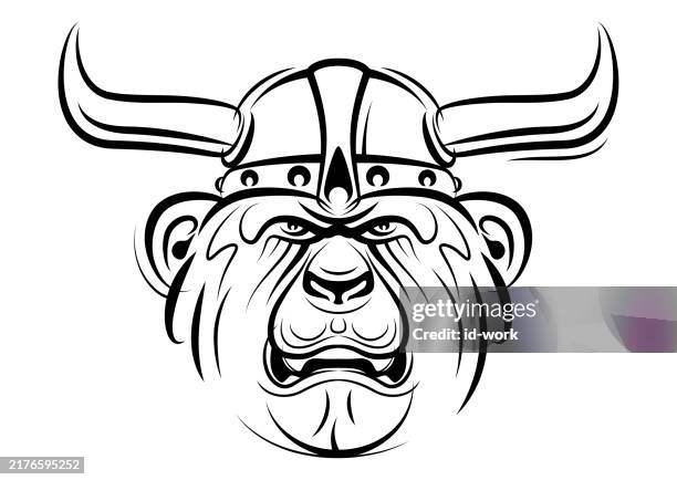 illustrations, cliparts, dessins animés et icônes de chimpanzé en colère dans le dessin au trait du casque viking - chimpanzee aggression