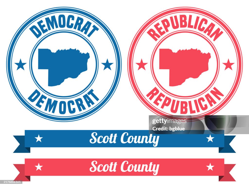 Scott County, Iowa. Karte auf Stempel mit Banner