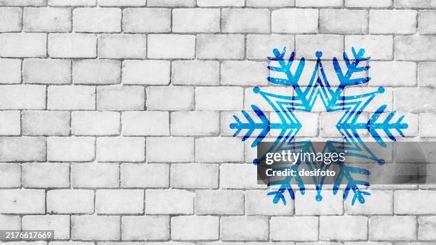 modern rustic rough white color brick pattern wall texture grunge background xmas or new year festive celebration vector with one bright turquoise blue colored creative christmas theme snowflake graffiti design on wall with ample copy space on backdrop - whitewashed brick stock illustrations