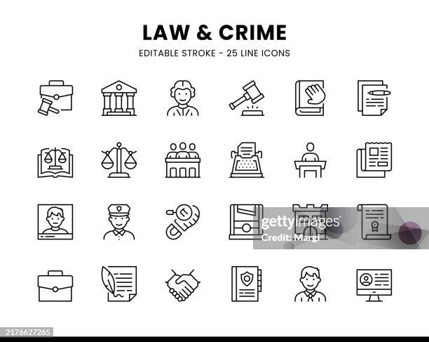 stockillustraties, clipart, cartoons en iconen met law and crime editable line icons - jurylid recht