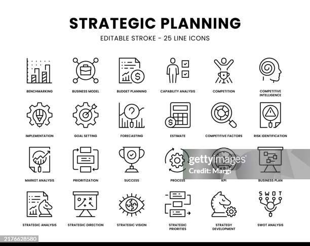strategic planning editable line icons - business process vector stock illustrations