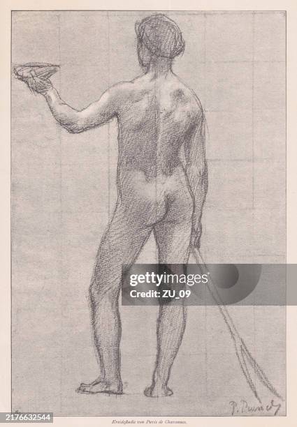 nude study, drawn by chavannes, wood engraving, published in 1891 - pierre puvis de chavannes stock illustrations