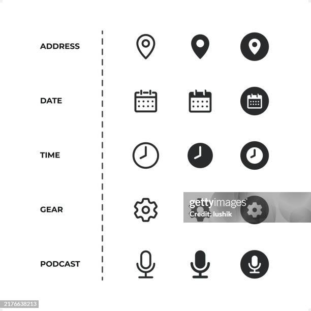interface icon set. editable stroke weight. pixel perfect. line- and solid-style icons. - time stock illustrations