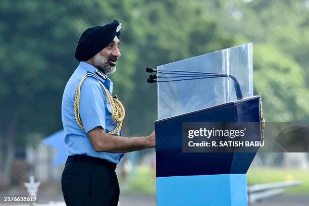 Indian Air Force air chief marshal Amar Preet Singh addresses IAF personnel during the 92nd Indian Air Force Day parade at the Tambaram Air Force...