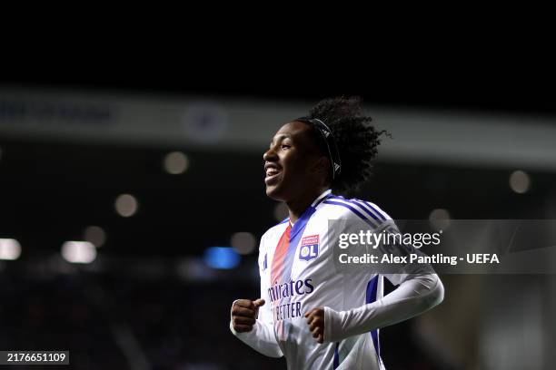 Malick Fofana of Olympique Lyonnais celebrates scoring his team's fourth goal during the UEFA Europa League 2024/25 League Phase MD2 match between...
