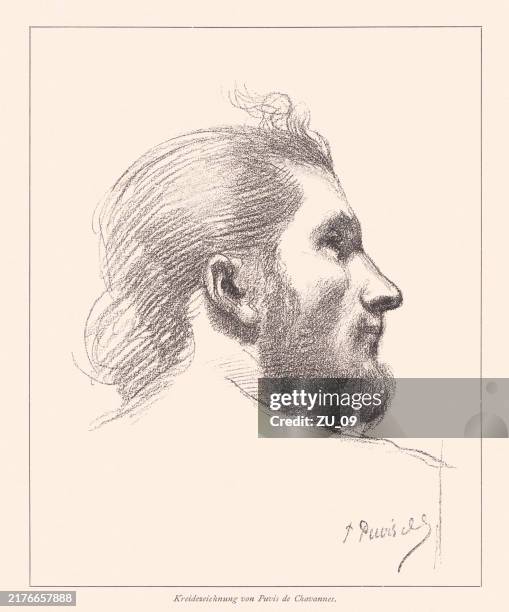 male head, study, drawn by chavannes, lithograph, published in 1891 - pierre puvis de chavannes stock illustrations