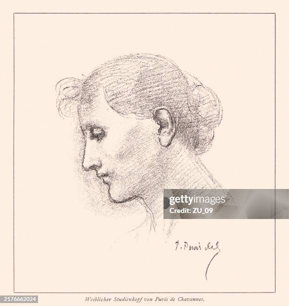 female head, study, drawn by chavannes, lithograph, published in 1891 - pierre puvis de chavannes stock illustrations