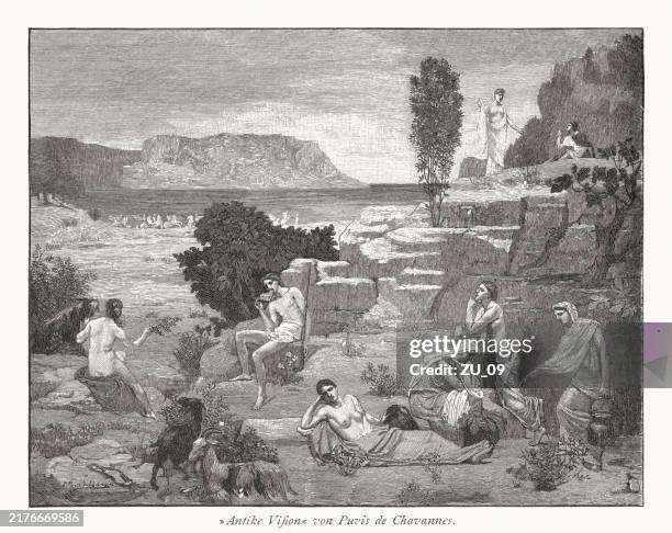 antique vision, painted by chavannes, wood engraving, published in 1891 - pierre puvis de chavannes stock illustrations