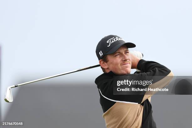 Daniel Hillier of New Zealand tees off on the 17th hole during day two of the Alfred Dunhill Links Championship 2024 at Carnoustie Golf Links on...