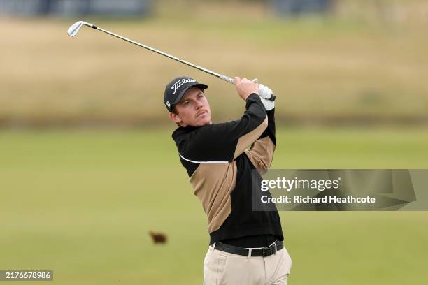 Daniel Hillier of New Zealand plays his second shot on the 18th hole during day two of the Alfred Dunhill Links Championship 2024 at Carnoustie Golf...