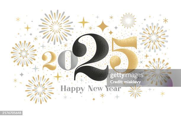 bildbanksillustrationer, clip art samt tecknat material och ikoner med new year 2025 fireworks greeting - nyårsafton