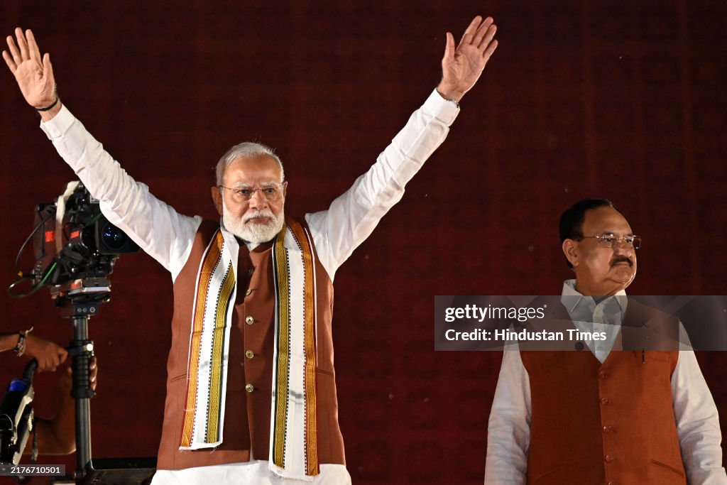 PM Narendra Modi Attends Celebrations At BJP Headquarters After Haryana And Jammu And Kashmir Assembly Elections Results