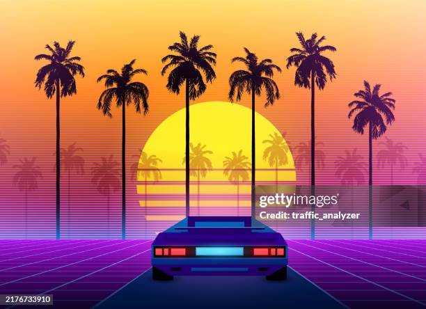 synthwave background - car and palm trees - driving sunset stock illustrations