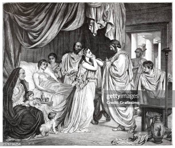 illustrations, cliparts, dessins animés et icônes de illustration d’hippocrate de kos avec une personne malade à athènes - grèce antique