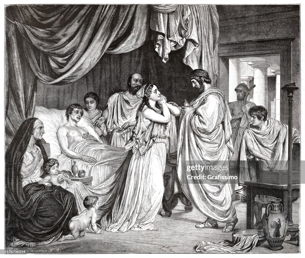 Hippocrates of Kos with ill person in Athens illustration