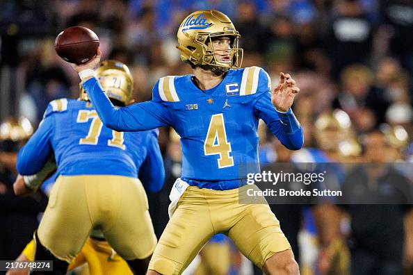 Quarterback Ethan Garbers of the UCLA Bruins throws a pass during the ...