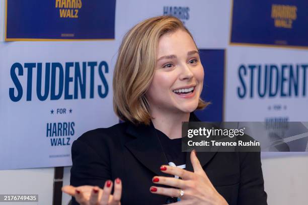 Chloë Grace Moretz speaks at Emory University to rally young voters for Harris-Walz on October 04, 2024 in Atlanta, Georgia.