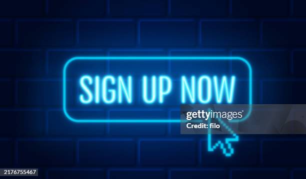 sign up now cursor neon light sign - online enrollment stock illustrations
