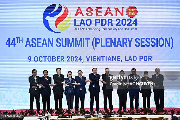 Myanmar's Permanent Secretary of Foreign Affairs Aung Kyaw Moe, Philippines' President Ferdinand Marcos Jr, Singapore's Prime Minister Lawrence Wong,...