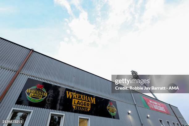 General exterior view of the Wrexham lager stand at SToK Cae Ras / Racecourse Ground, home stadium of Wrexham AFC ahead of the Bristol Street Motors...