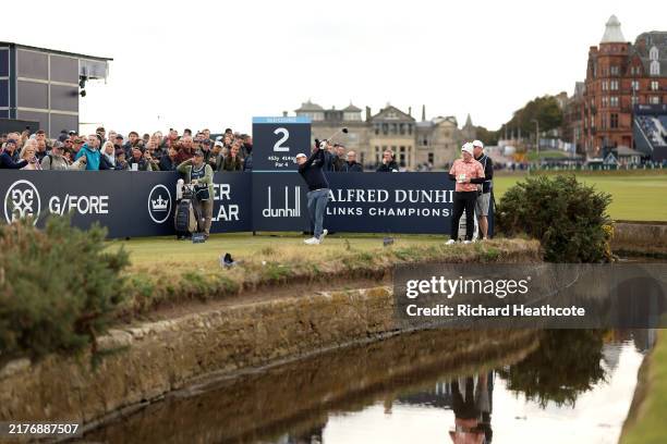 Matt Fitzpatrick of England tees off on the second hole during day three of the Alfred Dunhill Links Championship 2024 at the Old Course at St...