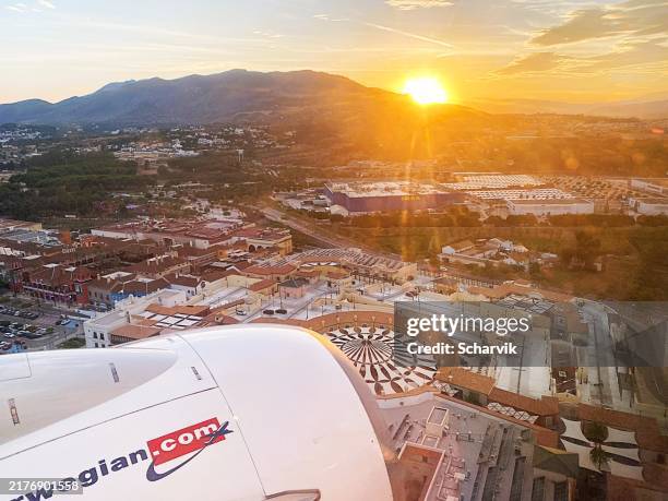 arriving by flight into málaga, spain - in air location stock pictures, royalty-free photos & images
