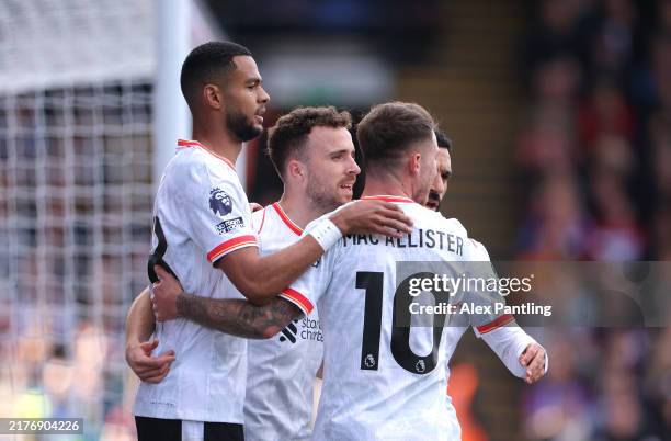 Diogo Jota of Liverpool celebrates scoring his team's first goal with teammates during the Premier League match between Crystal Palace FC and...