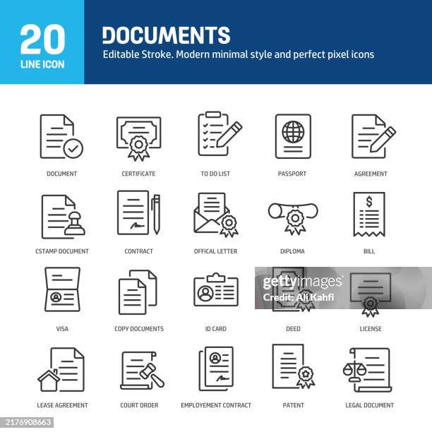 documents line icons. editable stroke. containing certificate, passport, legal document, contract line icons collection. vector illustration. for website design, logo, app, template, ui, etc - license agreement stock illustrations