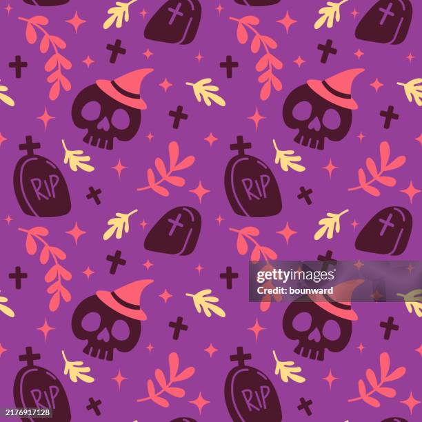 halloween seamless pattern. skull & gravestones. vector - coffin stock illustrations